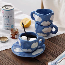 Load image into Gallery viewer, Hand Painted Blue Sky White Clouds Coffee Mug with Saucer Ceramic Handmade Tea Cup Saucer Set Lovely Gift Irregular Coffee Mug
