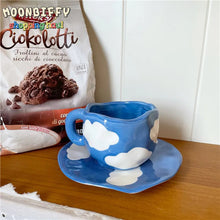 Load image into Gallery viewer, Hand Painted Blue Sky White Clouds Coffee Mug with Saucer Ceramic Handmade Tea Cup Saucer Set Lovely Gift Irregular Coffee Mug
