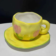 Load image into Gallery viewer, Hand Painted Blue Sky White Clouds Coffee Mug with Saucer Ceramic Handmade Tea Cup Saucer Set Lovely Gift Irregular Coffee Mug
