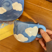 Load image into Gallery viewer, Hand Painted Blue Sky White Clouds Coffee Mug with Saucer Ceramic Handmade Tea Cup Saucer Set Lovely Gift Irregular Coffee Mug
