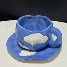 Load image into Gallery viewer, Hand Painted Blue Sky White Clouds Coffee Mug with Saucer Ceramic Handmade Tea Cup Saucer Set Lovely Gift Irregular Coffee Mug
