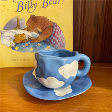 Load image into Gallery viewer, Hand Painted Blue Sky White Clouds Coffee Mug with Saucer Ceramic Handmade Tea Cup Saucer Set Lovely Gift Irregular Coffee Mug
